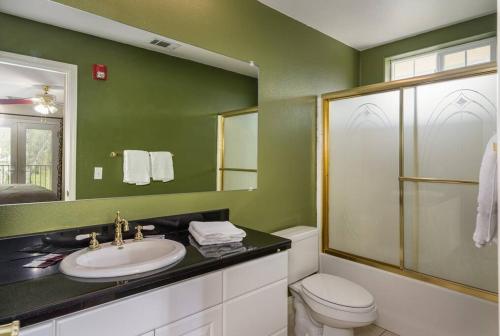 baño verde con lavabo y aseo en Yosemite South Presidential Mansion, en Coarsegold