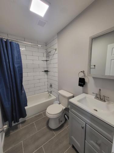 a bathroom with a toilet and a tub and a sink at The Silver Cottage in Atlanta