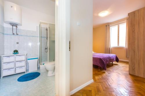 a bathroom with a shower and a toilet and a sink at Apartment Colona in Zadar