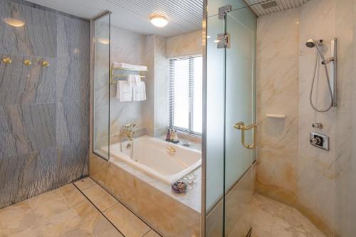 a bathroom with a shower and a tub and a sink at Hakuba Tokyu Hotel in Hakuba