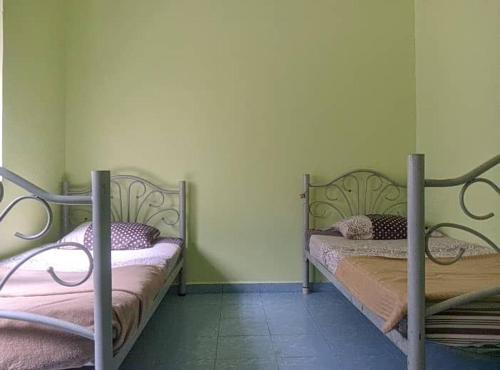 two twin beds in a room with green walls at Homestay sunnah bougainvillea resident Islam 