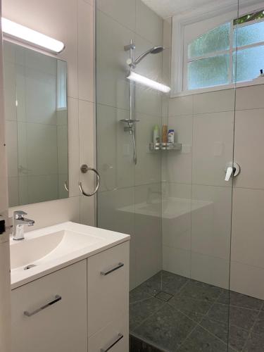 a bathroom with a sink and a glass shower at Santa Monica Apartment in Carnegie