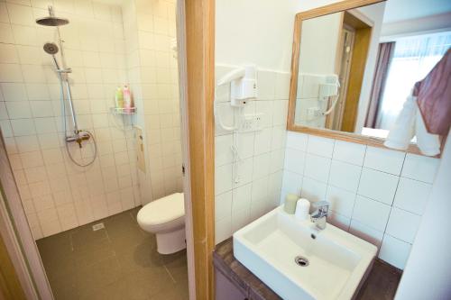 W łazience znajduje się umywalka, toaleta i lustro. w obiekcie Sunny Homestay&One House w mieście Zhangjiajie