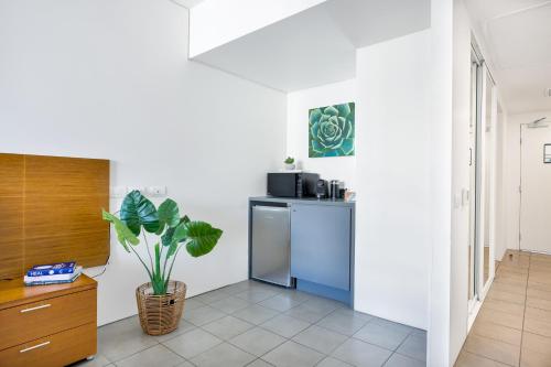 a kitchen with a refrigerator and a plant at Marina View Queen Bed Studio Apartment Pool & Gym in Cairns