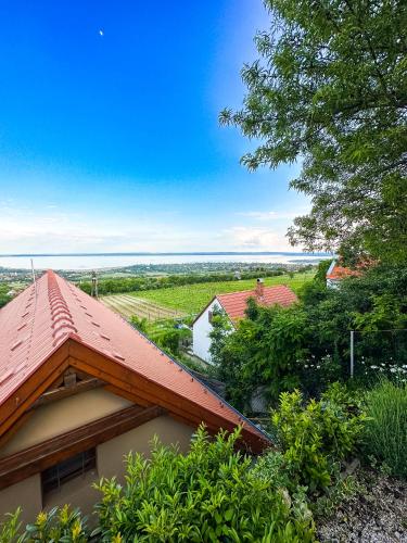 a view of a house with a red roof at Panoráma Csopak in Csopak