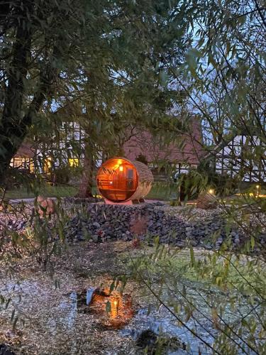 an illuminated orb is sitting on a field at night at DRIEHOF LifeStyle Suite Apt 1 in Tecklenburg