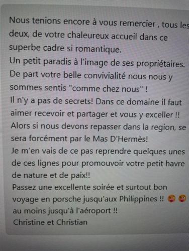a screenshot of a text message on a cell phone at Le Mas d'Hermès in Plan-dʼOrgon