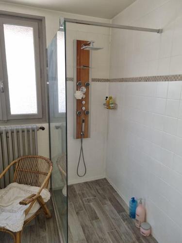 une douche avec une porte vitrée dans une salle de bain dans l'établissement Le Petit Poucet Appartement rez-de-chaussée avec grand jardin, à Morzine