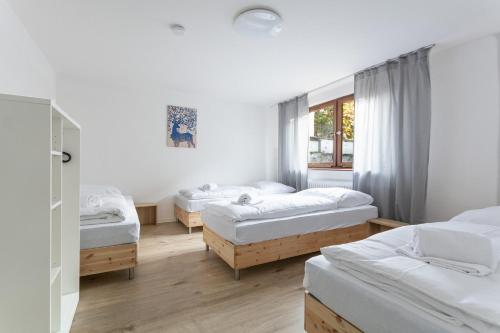 um quarto com três camas e uma janela em T&K Apartments Wegberg 5 Monteur Apartments em Wegberg
