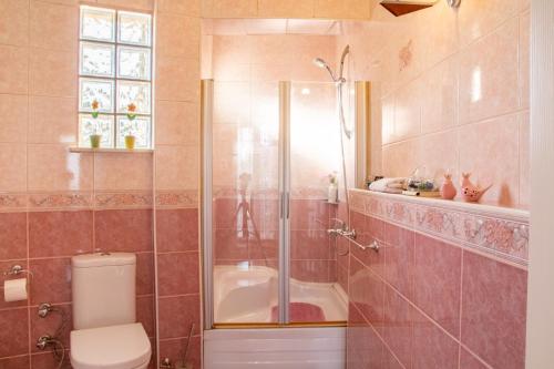 uma casa de banho com um chuveiro e um WC. em Spacious Detached House with Garden in Izmir em Ulucak