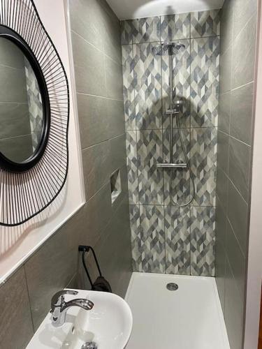 une salle de bain avec un lavabo, un miroir et une douche dans l'établissement Escale au cœur du Vignoble Champenois, à Mardeuil