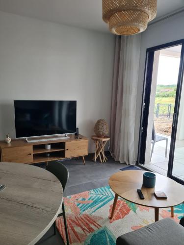 - un salon avec deux tables et une télévision à écran plat dans l'établissement Domaine d'Arca -- Flaubert 2 - T2 - 3 à 4 pers, à Porto-Vecchio