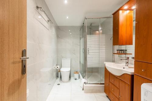 a bathroom with a shower and a toilet and a sink at My Kythnos House in Kithnos