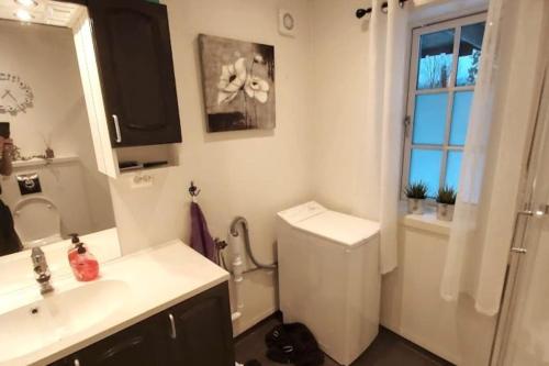 a bathroom with a sink and a toilet and a window at Frittliggende hytte ved Indalsälven i Duved - Åre in Duved