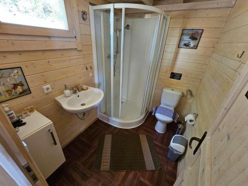 a bathroom with a shower and a toilet and a sink at Valerian in Agios Nikitas