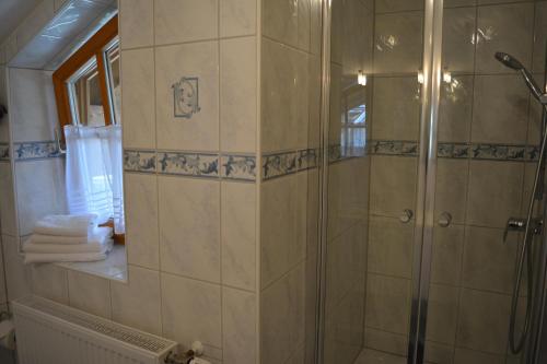 y baño con ducha y puerta de cristal. en Haus letzte Rose en Rieden am Forggensee