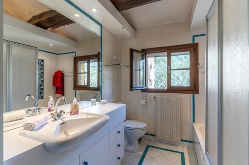 une salle de bain avec un lavabo, des toilettes et un miroir dans l'établissement Le Mas des Moulières - Vue montagne avec piscine, à Tourrettes-sur-Loup