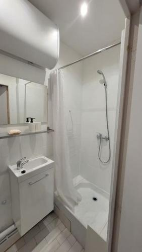 a white bathroom with a shower and a sink at Appartement Toulon 5/6 couchages in Toulon