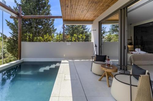 an infinity pool in a house with a bedroom at Studio Thetis in Meganisi