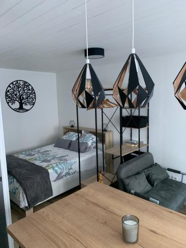 Pokój wieloosobowy z łóżkiem i stołem w obiekcie Studio des thoniers w mieście Concarneau