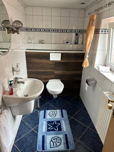 Schwalbenhof في فسترشتيده: حمام مع حوض أبيض ومرحاض