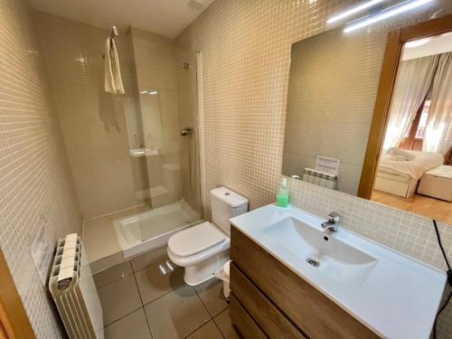 W łazience znajduje się umywalka, toaleta i lustro. w obiekcie Oupen de dor - Boggiero w Saragossie