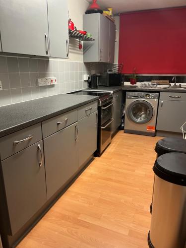 a kitchen with a stove and a washing machine at 1 bedroom garden flat zone 2 in London