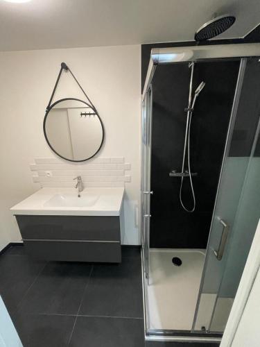 une salle de bain avec un lavabo et une douche avec un miroir dans l'établissement Suite Gloria Five stars holiday house, à Nice