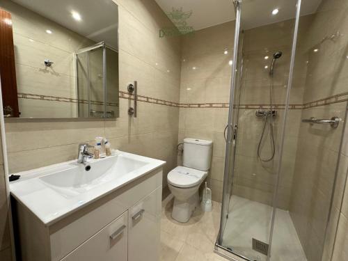 a bathroom with a toilet and a sink and a shower at Apartamentos Dos Torres Alfajería con parking privado gratis in Zaragoza