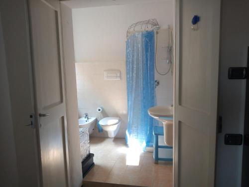 uma casa de banho com uma cortina de chuveiro azul e um WC. em ai18diamanti apartments em Saludecio