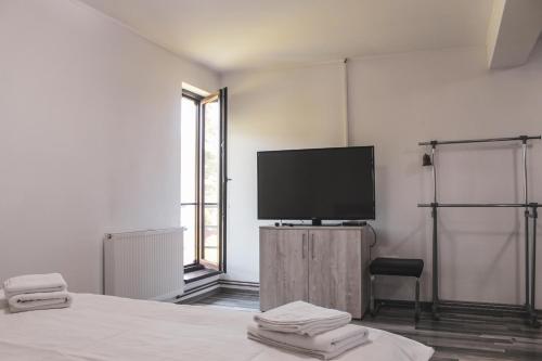 a room with a flat screen tv and a bed at Spinning la Divici in Divici