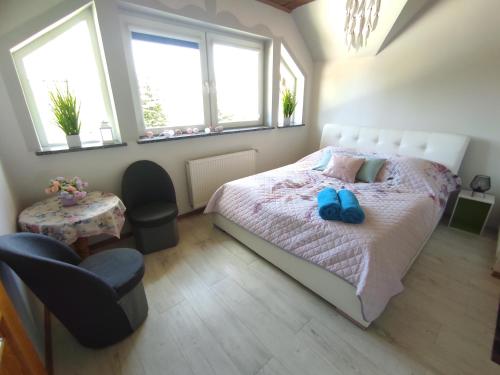 Un dormitorio con una cama con dos zapatos azules. en Willa Kolorowa Chata en Mysłakowice