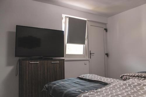 a bedroom with a flat screen tv and a bed at Spinning la Divici in Divici