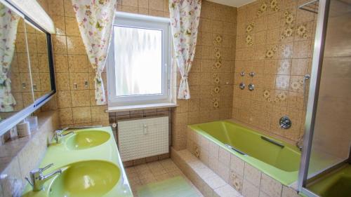 a bathroom with a green sink and a tub at FeWo Bergliebe, Oberstaufen-Wiedemannsdorf in Oberreute