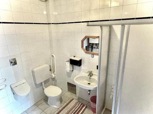 a small bathroom with a toilet and a sink at Apartment & Monteurzimmer in Vienna
