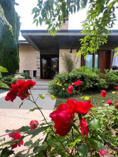 a group of red roses in front of a building at Residenza Borgo San Rocco in SantʼAmbrogio di Valpolicella