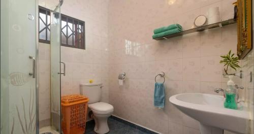a bathroom with a toilet and a sink at Chez Benoit Self Catering in Victoria