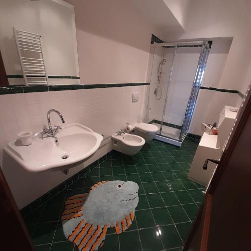 a bathroom with a sink and a fish rug on the floor at La casa in piazza in Panicale