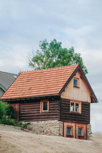 a log cabin with an orange roof at Jeżowa Woda Ośrodek Wypoczynkowy Palmiarnia i SPA in Przyszowa