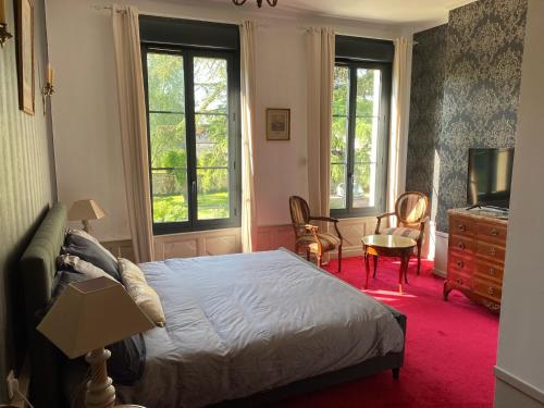sypialnia z łóżkiem, telewizorem i oknami w obiekcie Le Castel de Bréhémont w mieście Bréhémont