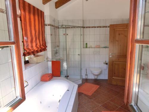 史岱伯斯的住宿－Chalet Edelweiss，带浴缸、淋浴和卫生间的浴室
