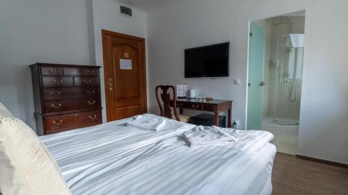 a bedroom with a bed and a desk and a television at OPERA16 Guestrooms in Budapest
