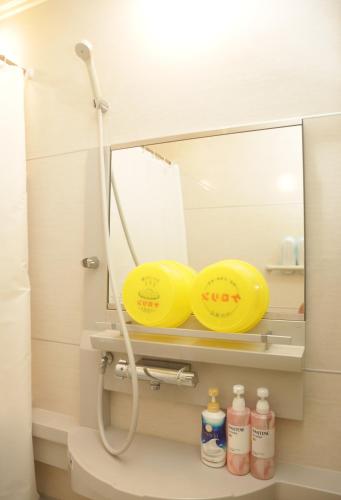a mirror above a toilet in a bathroom at Yamanouchi sekisan chi in Yokokura