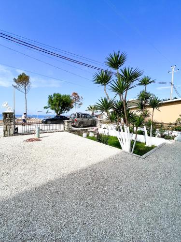 a driveway with palm trees and a car in a parking lot at Ionian View B&B in Himare