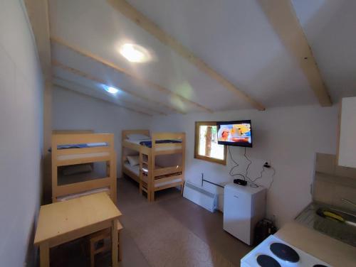 a small room with two bunk beds and a tv at Vikendica Ribnik 