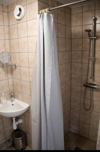 uma casa de banho com uma cortina de chuveiro e um lavatório em Storklinta Skidcenter - Lägenhet em Jörn
