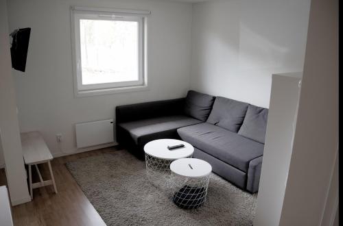 uma sala de estar com um sofá e duas mesas em Storklinta Skidcenter - Lägenhet em Jörn