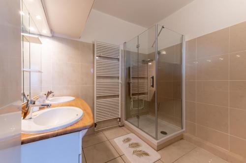 une salle de bain avec un lavabo et une douche dans l'établissement L'Amédée - Appt à 500m du lac, à Annecy