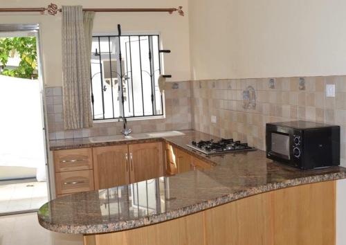 eine Küche mit einer Arbeitsplatte und einer Mikrowelle in der Unterkunft Jet Villa in Flic-en-Flac