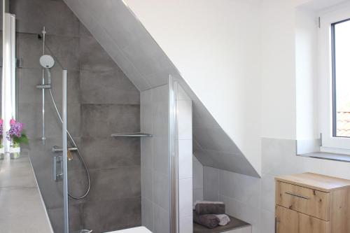 a bathroom with a walk in shower and a staircase at Fränkische Seenliebe in Gunzenhausen